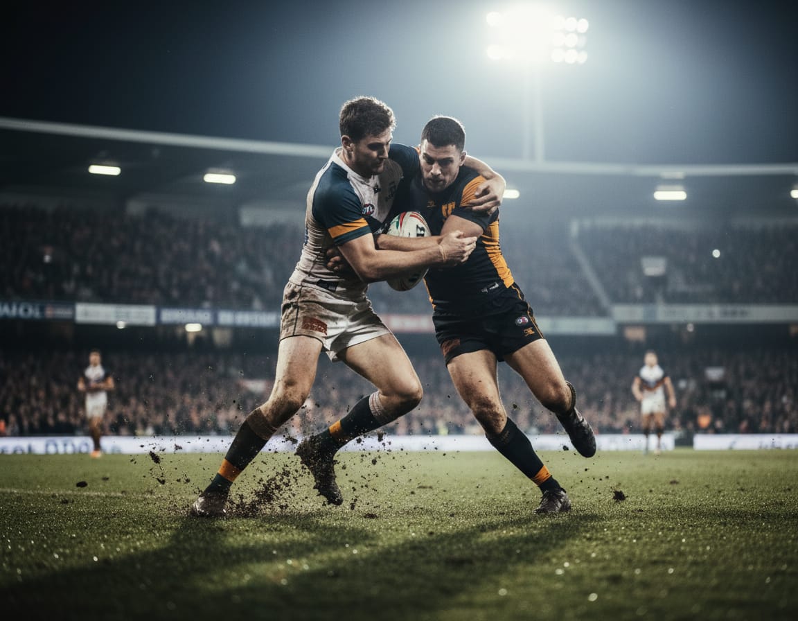 Rugby players contesting the ball under stadium floodlights